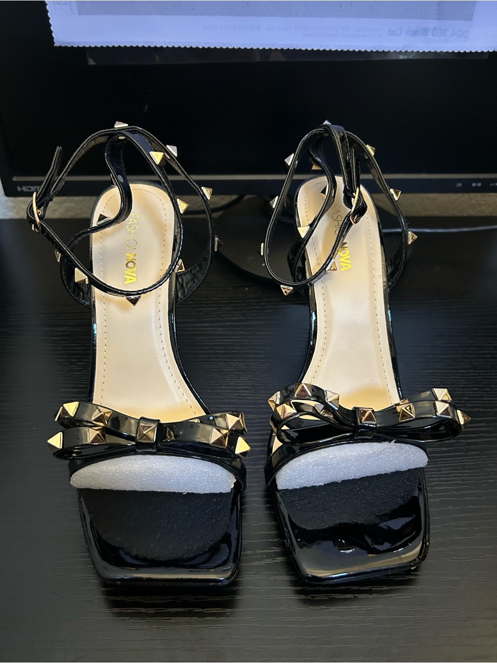 Fashion Nova Black Patent Studded Bow Ankle-Strap Heels